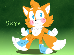 Size: 1280x960 | Tagged: safe, artist:cupcakestreets, skye prower, abstract background, beanbrows, blushing, character name, chest fluff, cute, looking at viewer, neck fluff, smile, solo, sparkles, standing, standing on one leg