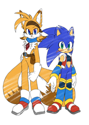 Size: 2480x3508 | Tagged: safe, artist:animesonic2, miles "tails" prower, sonic the hedgehog, 2022, alternate outfit, alternate universe, au:phantom brothers, belt, duo, jacket, kneepads, looking at viewer, older, phantom ruby, scar, scarf, simple background, smile, standing, white background