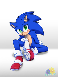 Size: 768x1024 | Tagged: safe, artist:animesonic2, sonic the hedgehog, sonic the hedgehog (2020), 2019, blushing, cute, gradient background, looking at viewer, mouth open, signature, sitting, solo, sonabetes