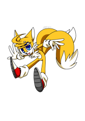 Size: 900x1284 | Tagged: safe, artist:animesonic2, miles "tails" prower, 2018, alternate version, au:beginnings, beanbrows, looking at viewer, mid-air, mouth open, signature, simple background, smile, solo, transparent background