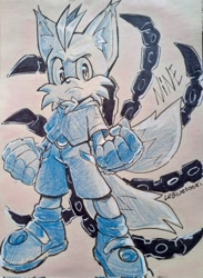 Size: 1502x2048 | Tagged: safe, artist:lebluenooki, miles "tails" prower, nine, sonic prime, 2024, character name, clenched fists, frown, looking at viewer, monochrome, signature, solo, standing, traditional media