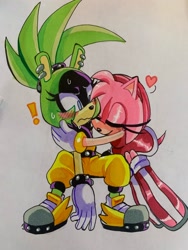 Size: 1536x2048 | Tagged: safe, artist:jaslenebella0, amy rose, surge the tenrec, 2024, amybetes, crouching, cute, duo, exclamation mark, eyes closed, frown, heart, hugging, lesbian, shipping, smile, surgamy, surprised, sweatdrop, traditional media