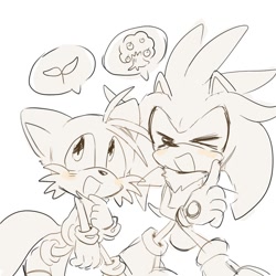 Size: 1000x1000 | Tagged: safe, artist:pupu77859245726, miles "tails" prower, silver the hedgehog, 2024, blushing, cute, duo, eyes closed, monochrome, mouth open, plant, silvabetes, simple background, smile, speech bubble, standing, tailabetes, tree, white background