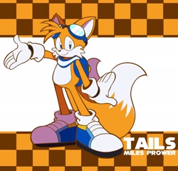 Size: 2048x1965 | Tagged: safe, artist:art_andstuff, miles "tails" prower, 2024, abstract background, backpack, blue shoes, character name, checkered background, goggles, hand up, looking at viewer, smile, solo, standing