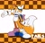 Size: 2048x1965 | Tagged: safe, artist:art_andstuff, miles "tails" prower, 2024, abstract background, backpack, blue shoes, character name, checkered background, goggles, goggles on head, hand up, looking at viewer, smile, smiling at viewer, solo, standing