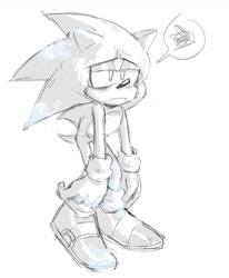 Size: 845x1024 | Tagged: safe, artist:halpdevon, sonic the hedgehog, frown, full body, greyscale, metal virus, monochrome, simple background, solo, squiggle, standing, tired, white background