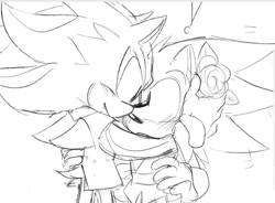 Size: 1024x755 | Tagged: safe, artist:halpdevon, shadow the hedgehog, sonic the hedgehog, 2019, duo, flower, gay, greyscale, looking at each other, monochrome, shadow x sonic, shipping, sketch