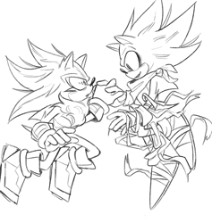 Size: 1856x1954 | Tagged: safe, artist:halpdevon, shadow the hedgehog, sonic the hedgehog, super shadow, super sonic, 2019, greyscale, holding hands, line art, looking at each other, monochrome, shadow x sonic, shipping, sonic boom (tv), super form