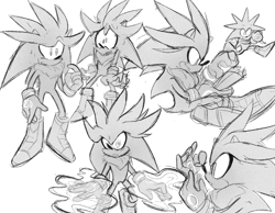 Size: 1929x1494 | Tagged: safe, artist:halpdevon, silver the hedgehog, 2019, greyscale, monochrome, multiple views, psychokinesis, simple background, sitting, solo, standing, white background