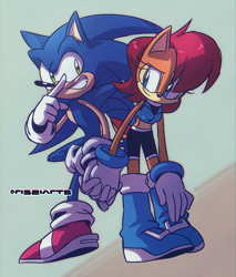 Size: 1590x1863 | Tagged: safe, artist:risziarts, sally acorn, sonic the hedgehog, holding hands, sally's ringblader outfit, shipping, sonally