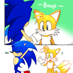 Size: 2048x2048 | Tagged: safe, artist:snt0skt, miles "tails" prower, sonic the hedgehog, abstract background, blushing, boop, cute, duo, gay, nose boop, question mark, sfx, shipping, smile, sonic x tails, standing, walking