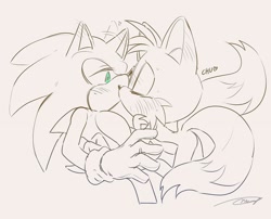 Size: 1748x1409 | Tagged: artist needed, safe, miles "tails" prower, sonic the hedgehog, blushing, blushing ears, chu, cute, duo, ear flop, eyes closed, gay, grey background, kiss, lidded eyes, line art, looking at them, monochrome, sfx, shipping, signature, simple background, sonic x tails, sweatdrop