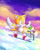 Size: 1024x1280 | Tagged: safe, artist:jonatan salazar, miles "tails" prower, fox, 2023, abstract background, arms out, classic tails, clouds, ice cap zone, looking ahead, looking offscreen, male, mouth open, outdoors, smile, snow, snowboard, snowboarding, solo, sonic the hedgehog 3