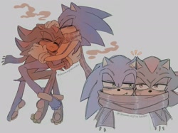 Size: 2048x1535 | Tagged: safe, artist:dreamingforhotp, shadow the hedgehog, sonic the hedgehog, 2024, blushing, duo, eyes closed, frown, gay, grey background, hugging, lidded eyes, scarf, shadow x sonic, sharing a scarf, shipping, simple background, smile, sweatdrop