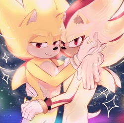 Size: 2048x2029 | Tagged: safe, artist:b1inksonics, shadow the hedgehog, sonic the hedgehog, super shadow, super sonic, sonic the hedgehog 3 (film), 2024, abstract background, duo, frown, gay, holding each other, lidded eyes, looking at viewer, shadow x sonic, shipping, smile, super form