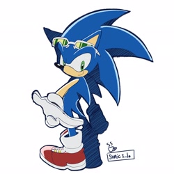 Size: 2048x2048 | Tagged: safe, artist:sonic3_da, sonic the hedgehog, 2024, looking back, riders style, signature, simple background, smile, solo, sonic riders, standing, white background