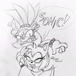 Size: 2048x2042 | Tagged: safe, artist:sonicrelated, amy rose, surge the tenrec, 2024, amy mistaking everyone for sonic, blushing, dialogue, duo, exclamation mark, hugging, lesbian, line art, pencilwork, question mark, shipping, signature, standing, surgamy, surprise hug, surprised, traditional media