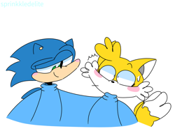 Size: 1280x960 | Tagged: safe, artist:sprinkk, miles "tails" prower, sonic the hedgehog, blushing, duo, flat colors, gay, lidded eyes, shipping, simple background, smile, sonic x tails, sweatdrop, sweater, white background