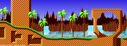 Size: 2464x900 | Tagged: safe, artist:cyberblade, green hill zone, sonic the hedgehog (1991), 2009, abstract background, daytime, landscape, loop, no characters, palm tree, signature, wallpaper