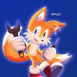 Size: 1280x1280 | Tagged: safe, artist:applezz369851, miles "tails" prower, 2024, blue background, holding something, lineless, looking at viewer, mouth open, screwdriver, simple background, smile, solo, standing, standing on one leg, wrench