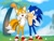 Size: 1280x960 | Tagged: safe, artist:crimsoninari, miles "tails" prower, sonic the hedgehog, fox, hedgehog, 2020, abstract background, chao fruit, chao garden, clouds, daytime, duo, gay, hand on another's hip, looking at viewer, looking offscreen, male, outdoors, palm tree, shipping, smile, sonic x tails, sontails week, uekawa style, v sign