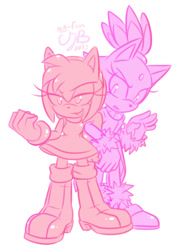 Size: 500x690 | Tagged: safe, artist:asb-fan, amy rose, blaze the cat, cat, hedgehog, 2019, amy x blaze, amy's halterneck dress, blaze's tailcoat, cute, female, females only, holding arm, lesbian, looking at them, shipping