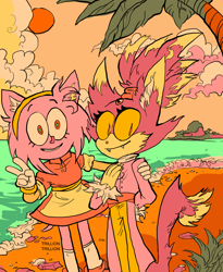 Size: 1224x1494 | Tagged: safe, artist:trilliontrillion, amy rose, blaze the cat, cat, hedgehog, 2017, amy x blaze, beach, cute, date, female, females only, hand on cheek, lesbian, looking at viewer, peace sign, shipping, sun