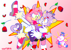 Size: 1280x904 | Tagged: safe, artist:starfloat, amy rose, blaze the cat, cat, chao, hedgehog, 2019, amy x blaze, amy's halterneck dress, blaze's tailcoat, carrying them, cupid arrow, cute, eyes closed, female, females only, flowers, lesbian, looking at each other, mouth open, rose, shipping