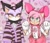 Size: 2048x1759 | Tagged: safe, artist:naimarrlaptn, amy rose, blaze the cat, cat, hedgehog, 2024, :3, abstract background, amy x blaze, blushing, cute, duo, female, females only, frown, hat, lesbian, looking offscreen, shipping, skull, smile