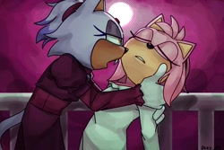 Size: 1116x744 | Tagged: safe, artist:dezydotjpg, amy rose, blaze the cat, cat, hedgehog, 2024, amy x blaze, bedroom eyes, eyes closed, female, females only, holding them, lesbian, mouth open, shipping, vampire