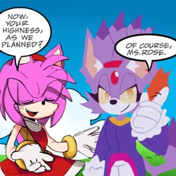 Size: 1280x1280 | Tagged: safe, artist:shadzell, amy rose, blaze the cat, cat, hedgehog, 2024, amy x blaze, amy's halterneck dress, blaze's tailcoat, english text, eyes closed, female, females only, flame, lesbian, mouth open, shipping, speech bubble