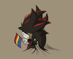Size: 2048x1648 | Tagged: safe, artist:paraosmicence, shadow the hedgehog, 2024, beige background, facepalm, flag, frown, head in hand, holding something, pride, pride flag, simple background, sitting, solo