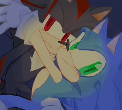 Size: 1388x1247 | Tagged: safe, artist:hapaness146174, shadow the hedgehog, sonic the hedgehog, 2024, duo, frown, gay, holding each other, looking at viewer, shadow x sonic, shipping, smile
