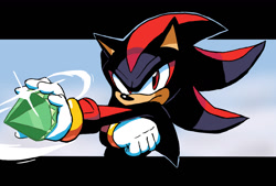 Size: 1293x872 | Tagged: safe, artist:_poopy_head_, shadow the hedgehog, 2024, abstract background, chaos emerald, frown, holding something, looking at viewer, outline, shine, solo