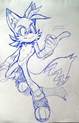 Size: 659x1024 | Tagged: safe, artist:lebluenooki, miles "tails" prower, 2024, aged up, frown, older, one fang, pointing, signature, sketch, solo, traditional media