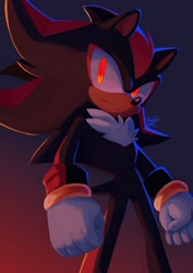 Size: 730x1030 | Tagged: safe, artist:ghostie_berry, shadow the hedgehog, 2024, clenched fists, frown, glowing eyes, gradient background, lineless, signature, solo, standing