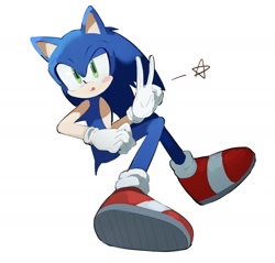 Size: 1846x1764 | Tagged: safe, artist:snti_82, sonic the hedgehog, 2024, blushing, looking at viewer, simple background, solo, star (symbol), tongue out, v sign, white background