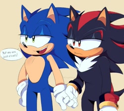 Size: 705x630 | Tagged: safe, artist:jingleding0, shadow the hedgehog, sonic the hedgehog, 2024, beige background, dialogue, duo, english text, frown, gay, holding hands, lidded eyes, looking offscreen, mouth open, obvious lie, shadow x sonic, shipping, simple background, smile, speech bubble, standing