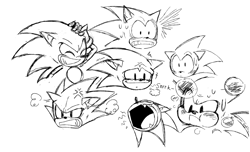 Size: 2047x1244 | Tagged: safe, artist:marcuslarry627, sonic the hedgehog, 2024, angry, blushing, classic sonic, cross popping vein, expression sheet, head only, line art, shocked, simple background, sketch, solo, sweatdrop, white background