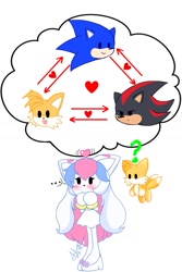 Size: 791x1182 | Tagged: safe, artist:nekitogame67025, miles "tails" prower, shadow the hedgehog, sonic the hedgehog, oc, chao, ..., 2024, character chao, cute, heart, love triangle, question mark, shadails, shadow x sonic, shipping, simple background, solo, sonic x tails, standing, tails chao, thought bubble, unknown oc, white background