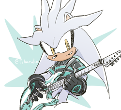 Size: 619x563 | Tagged: safe, artist:tibatuka, silver the hedgehog, 2024, abstract background, guitar, holding something, signature, smile, solo