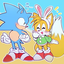 Size: 1080x1080 | Tagged: safe, artist:funkiepoop, miles "tails" prower, sonic the hedgehog, ..., 2024, abstract background, bunny ear, classic sonic, classic tails, coat, cute, dialogue, duo, english text, eyes closed, gay, looking at them, outline, shipping, sonic x tails, standing, tailabetes