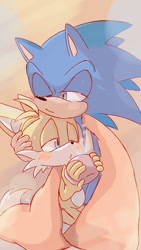 Size: 576x1024 | Tagged: safe, artist:giaoux, miles "tails" prower, sonic the hedgehog, 2024, abstract background, bedsheets, blushing, drink, duo, gay, gloves off, holding something, holding them, kneeling, lidded eyes, mug, one eye closed, pout, shipping, sonic x tails