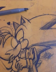 Size: 1440x1856 | Tagged: safe, artist:nekitogame67025, miles "tails" prower, sonic the hedgehog, 2024, blushing, cute, duo, eyes closed, gay, heart, holding each other, kiss, lidded eyes, penwork, shipping, sonic x tails, standing, traditional media