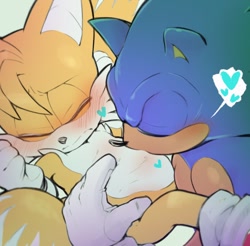 Size: 1080x1064 | Tagged: safe, artist:funkiepoop, miles "tails" prower, sonic the hedgehog, 2024, blushing, cute, duo, eyes closed, gay, heart, kiss, kissing stomach, shipping, simple background, sonic x tails, white background