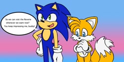 Size: 1008x504 | Tagged: safe, artist:hyrulepirate, miles "tails" prower, sonic the hedgehog, sonic dream team, 2024, comic, dialogue, duo, english text, gradient background, speech bubble, standing