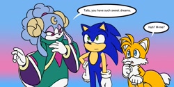 Size: 1008x504 | Tagged: safe, artist:hyrulepirate, miles "tails" prower, sonic the hedgehog, sonic dream team, 2024, ariem, comic, dialogue, english text, gradient background, speech bubble, standing, trio