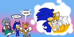 Size: 1008x504 | Tagged: safe, artist:hyrulepirate, miles "tails" prower, sonic the hedgehog, sonic dream team, 2024, ariem, blushing, comic, dialogue, english text, gay, gradient background, holding hands, lidded eyes, shipping, shocked, sonic x tails, speech bubble, trio