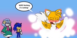 Size: 1008x504 | Tagged: safe, artist:hyrulepirate, miles "tails" prower, sonic the hedgehog, 2024, ariem, blushing, comic, dialogue, embarrassed, english text, flustered, gay, gradient background, shipping, sonic x tails, speech bubble, standing