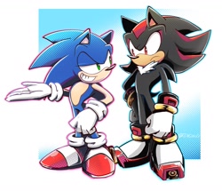 Size: 1817x1560 | Tagged: safe, artist:tengoo_13, shadow the hedgehog, sonic the hedgehog, sonic x shadow generations, 2024, abstract background, duo, frown, looking offscreen, smile, standing